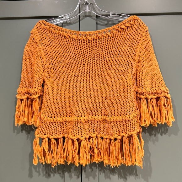 Free People On the Fringe Pullover YELLOW sweater knit cropped top crochet XS - Picture 9 of 12